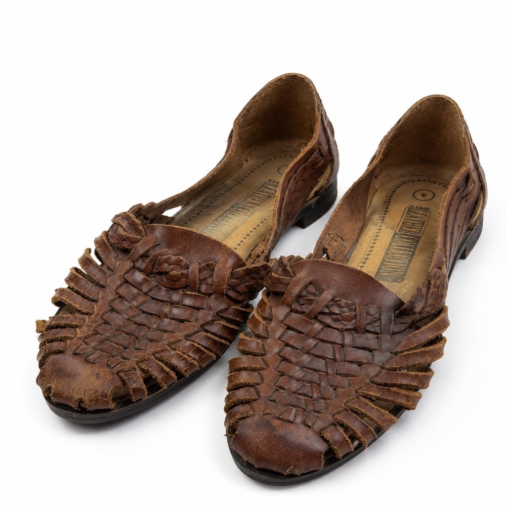 The Leather Collection Mexican Brown Woven Huarache Leather Flats Women's Size 6